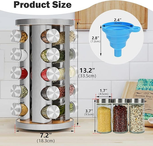 Rotating Spice Rack Organizer, Spice Tower for Countertop, Revolving Spice Rack Set for Cabinet, Silver Steel Kitchen Seasoning Organizer with 20 Jars and Funnel