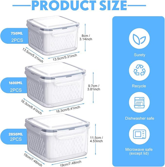 6 Pcs Fruit Storage Containers for Fridge, Food Storage Containers Berry Produce Fridge Organizer with Removable Colander Keep Fruits, Vegetable, Veggie, Meat Fresh Longer(Small, Medium, Large)