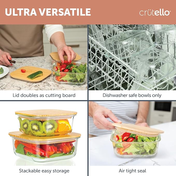 Crutello Glass Storage Containers with Bamboo Lids - Eco-Friendly Non Toxic Meal Prep Jars with Wooden Lid for Fridge and Kitchen Organization - Non Plastic Container for Fruit Bowls 2 Pack