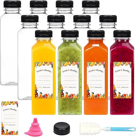 Moretoes 81pcs 16oz Plastic Juice Bottles with Caps, Clear Empty Reusable Bottles with Brush Funnel and Labels for Smoothies and Other Beverages