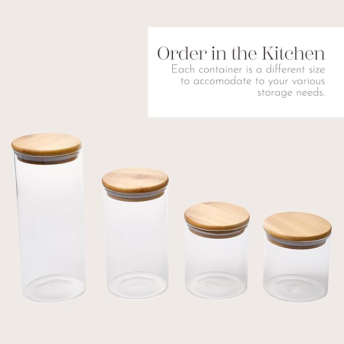 WHOLE HOUSEWARES Glass Jars with Bamboo Lids - 4-Piece Modular Set (33.8oz, 25.4oz, 15.2oz, 11.2oz) with Modern Wooden Lids - Transparent, Fresh & Convenient Air Tight Pantry Storage Containers
