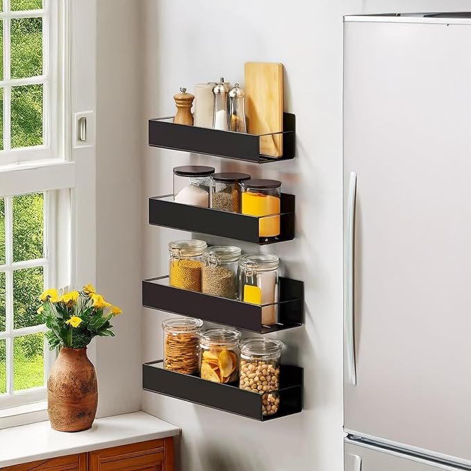 Kitchen Spice Rack: 2 Packs Black Adhesive Wall Mount - 11.8" Large Hanging Storage Organizer Cabinet Without Drilling for Smooth Wall - Work Room Bathroom Shelves