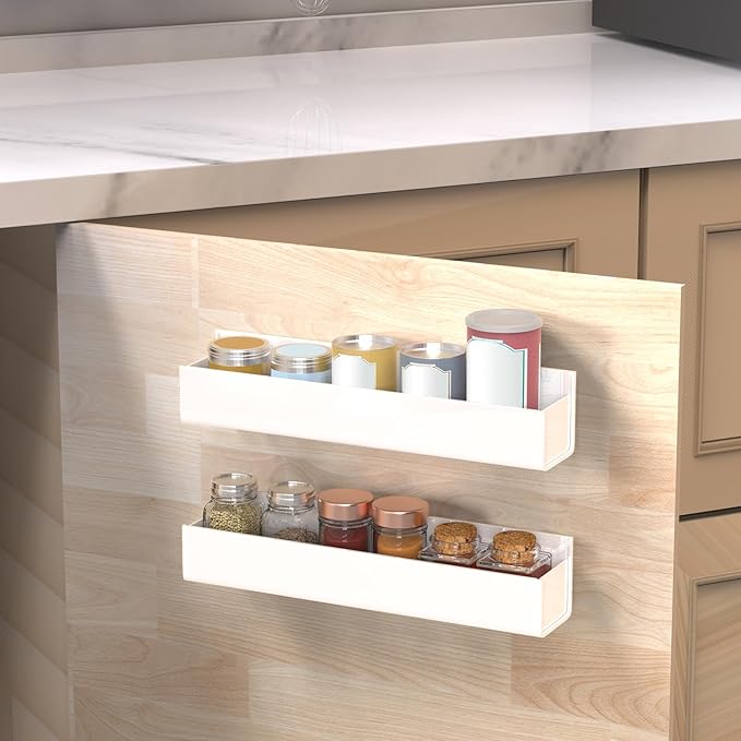 VAEHOLD Adhesive Acrylic Spice Rack with Nano Double Sided Tape Wall Mount Organizer Wall Spice Rack With Shelf Ends for Kitchen Cabinet Door - 2 Pack 12'' Shelves (White)