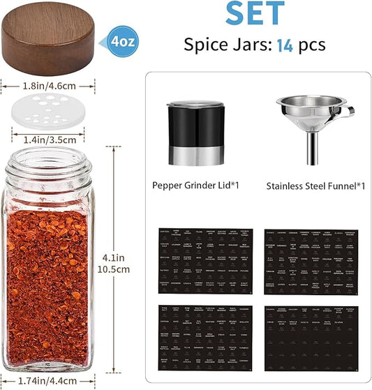 Yangbaga Glass Spice Jars with Labels: 14p 4oz Wide Mouth Square Bottle w/Pepper Grinder&Funnel - Airtight Wood Lid & Dishwasher Safe - Home Kitchen Pantry Daily Use - Gift for Newlyweds/Households