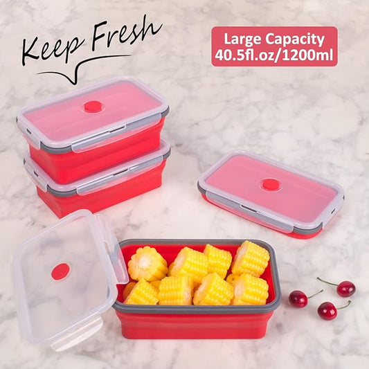 Collapsible Food Storage Containers with Airtight Lid & Air Vent, 40.5 oz, Kitchen Stacking Silicone Collapsible Meal Prep Container Set for Leftover, Microwave Freezer Dishwasher Safe, Red, Set of 4