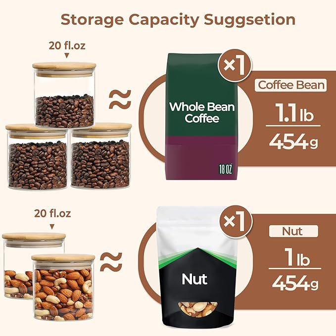 ComSaf Airtight Glass Food Storage Jars Set of 6, 20oz Clear Glass Food Storage Container with Sealing Wooden Lid, Stackable Spice Jar, Round Kitchen Canister for Sugar, Tea, Coffee bean, Pasta, Oat