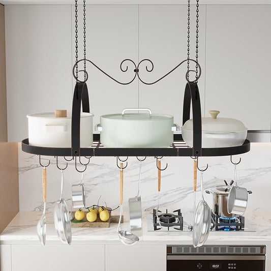 Hanging Pot Rack Ceiling Mount, 33" Metal Ceiling Pan Hanging Rack with 15 S Hooks, Oval Pot and Pan Storage Rack, Decorative Vintage Brown Pot Hangers for Kitchen Organize Utensils Cookware