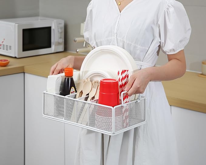 Paper Plate Dispenser with Handle, Metal Paper Plate Holders for Kitchen Counter, Utensil Holder Organizer with 6 Compartments, Silverware Holder Caddy for Cup Fork Napkin Party Camping-White