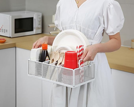Paper Plate Dispenser with Handle, Metal Paper Plate Holders for Kitchen Counter, Utensil Holder Organizer with 6 Compartments, Silverware Holder Caddy for Cup Fork Napkin Party Camping-White