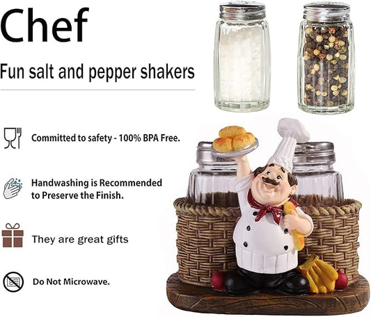 Salt and Pepper Shakers Set,Sitting Chef Decorative Statue Spice Organizer,Glass Spice Jars with Holder Figurine Gift for Family,Kitchen,Restaurant, Cafe,Bakery (Bread)