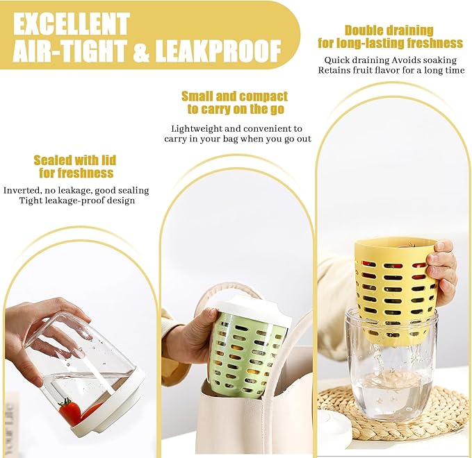 20oz Fruit Salad Storage Cup with Lids and Fork, Reusable Plastic Fruit Storage Containers for fridge with Drain Baskets, BPA-Free & Leak-Proof, Keep Fruits, Vegetables Fresh Longer (Yellow)