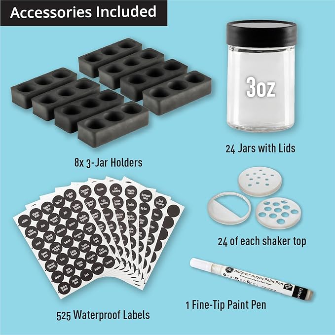 AllSpice InDrawer Spice Rack Organizer with Short Jars (24 3” Jars with Labels)
