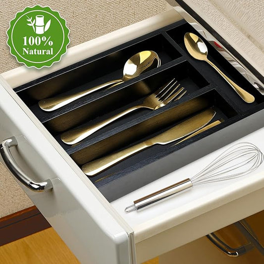 Small Silverware Organizer for Drawer Bamboo Kitchen Utensil Tray Narrow Cutlery Drawer Organizer Flatware Caddy Wooden Utensil Drawers Spoon Fork Holder Black Skinny Silverware Trays Organizers
