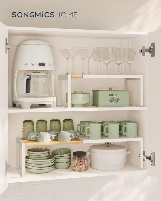 SONGMICS HOME Spice Racks, Expandable Cupboard Shelf Orgnizers, Kitchen Counter Shelves, Bamboo and Metal, Space-Saving Shelving, Stackable, Natural Beige and Cream White UKCS051N01