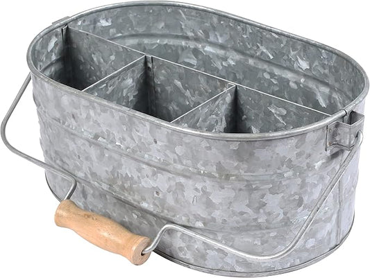 Galvanized Metal Caddy with 4 Compartments, Rustic Farmhouse Kitchen Picnic Utensil Holder, Multipurpose Storage Bin, Metal Garden Planters - 12 Inch - Antique Natural