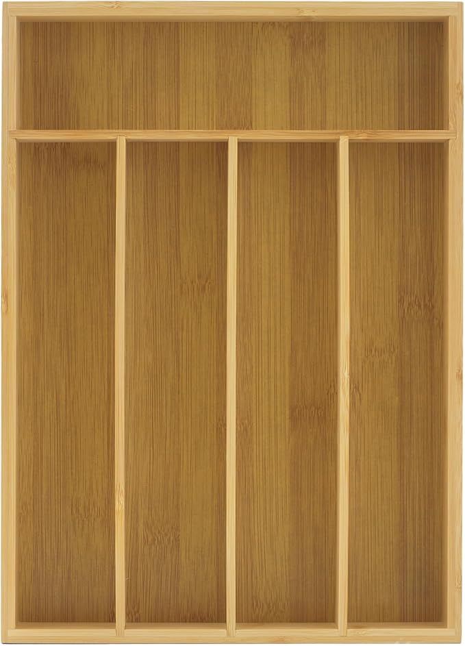 JoyJolt Bamboo Drawer Organizer for Kitchen Utensils, Drawer Divider for Large Cutlery and Silverware, Flatware Holder Tray, 5-Compartment Silverware Organizer, Garage Kitchen & Junk Drawer Organizer