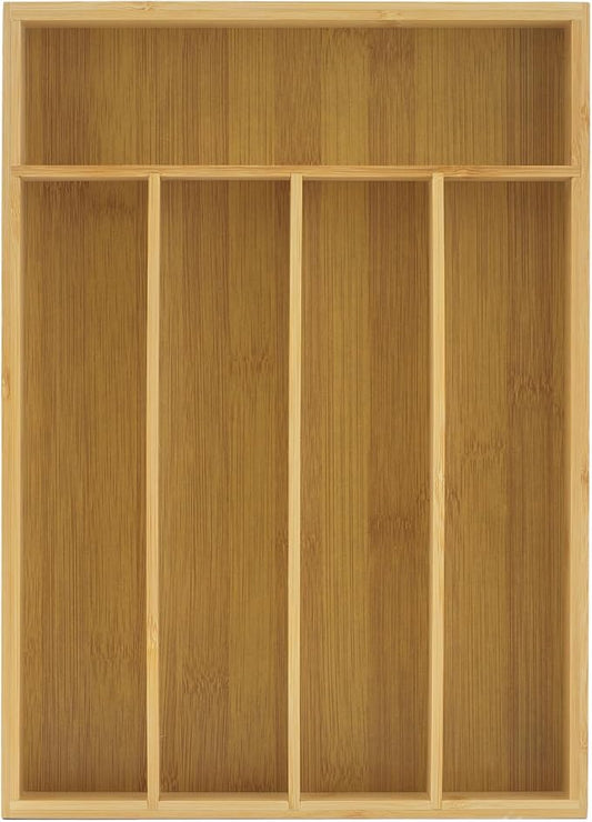 JoyJolt Bamboo Drawer Organizer for Kitchen Utensils, Drawer Divider for Large Cutlery and Silverware, Flatware Holder Tray, 5-Compartment Silverware Organizer, Garage Kitchen & Junk Drawer Organizer