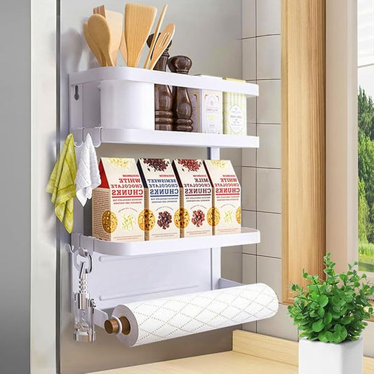 Magnetic Spice Rack for Refrigerator - Fridge Organizer with White Magnetic Shelf - Kitchen Storage