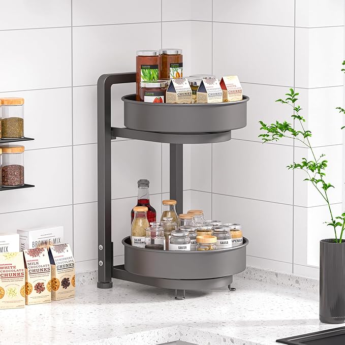 KMC Dual Spice Rack Organizer Rotating Double Tier Spice Rack Organizer for Cabinets 17.5 * 10 * 11 Inches Pantry Spice Storage for Kitchen, Bathroom, Washroom (Black)