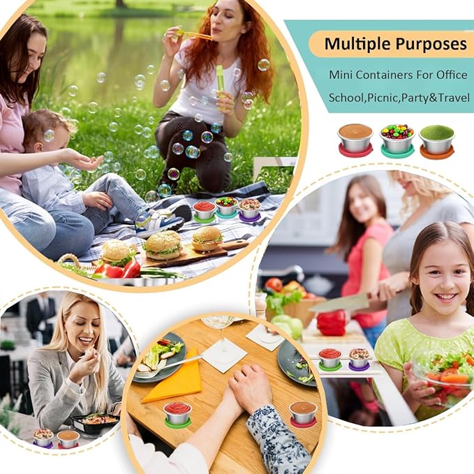 12 Pack Salad Dressing Container To Go 2.4oz Small Condiment Containers with Leakproof Silicone Lids Reusable Stainless Steel Sauce Cups for Office Lunch Bento Box Picnic Meal Prep Travel Party