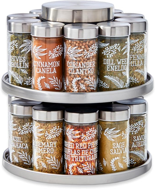 Kamenstein 20 Jar Revolving Spice Rack with Integrated Tool Caddy, Brushed Stainless Steel with Stainless Steel Caps
