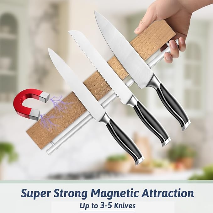 12 Inch Magnetic Knife Holder for Wall - Pailexin Wooden Magnet Knife Strip No Drill with 5 Hooks/Adhesive Tape/Screws, Kitchen Utensil Holder, Magnetic Knife Organizer, Wall Mounted Knife Storage