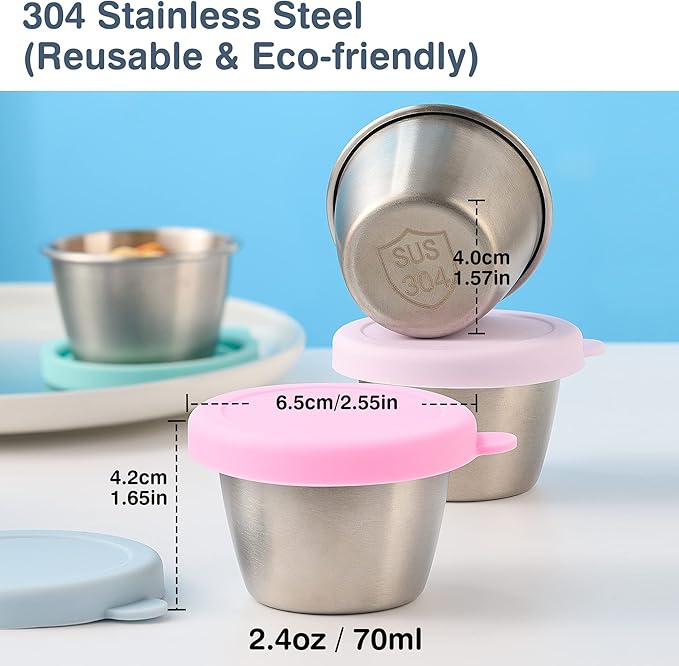 Salad Dressing Container To Go, 6x2.4 oz Small Containers with Lids, Reusable Sauce Containers for Lunch Box, 18/8 Stainless Steel Condiment Cup, Easy to Open, Leakproof Dipping Sauce Cups