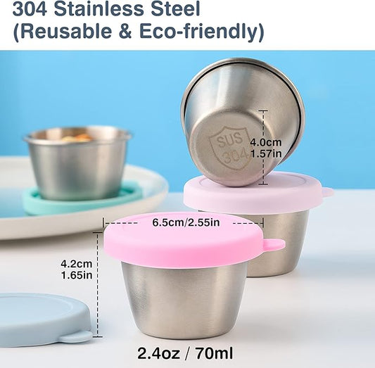 Salad Dressing Container To Go, 6x2.4 oz Small Containers with Lids, Reusable Sauce Containers for Lunch Box, 18/8 Stainless Steel Condiment Cup, Easy to Open, Leakproof Dipping Sauce Cups