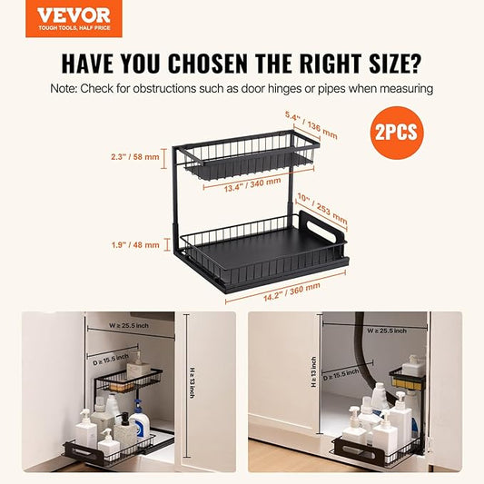 VEVOR 2 Tier Pull Out Cabinet Organizer(10.7"W x 14.2"D ), Under Sink Organizer and Storage, Slide Out Drawer Cabinet Organizer, Wire Basket Sliding Shelf for Kitchen Bathroom Cabinet, Black (2 Pack)
