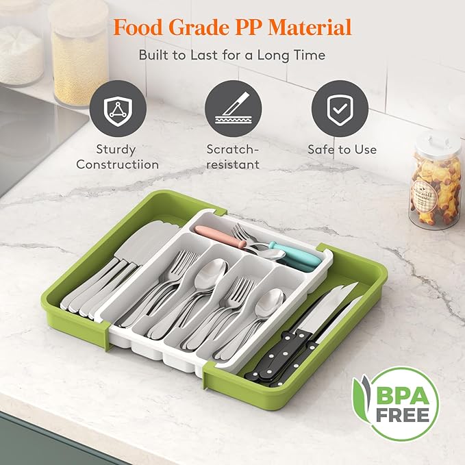 Lifewit Silverware Drawer Organizer, Expandable BPA Free Utensil Tray for Kitchen, Adjustable Flatware and Cutlery Holder for Spoons Forks Knives, Plastic Kitchen Organizers and Storage, Green&White