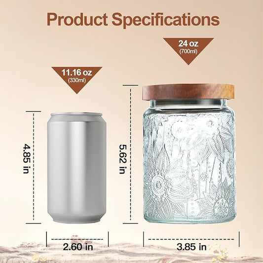 24 OZ Vintage Glass Jar with Lid, Airtight Food Storage Canisters with Bamboo for Kitchen Counter Pantry, Ideal for Coffee, Candy, Tea, Oats, Sugar, Cookies Decorative Jars-Sunflower
