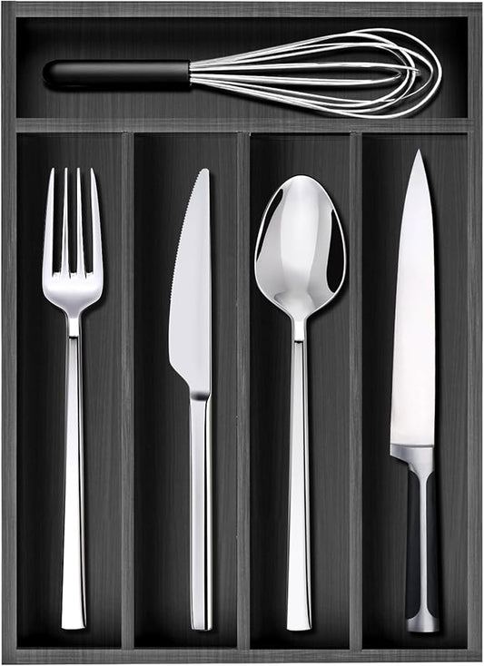 Wooden Kitchen Utensil Drawer Organizers Cutlery Tray 14"x10" Wood Silverware Organizer Black Cutlery Flatware Organizers Divider Bamboo Utensil Tray Silverware Holder for Drawers Spoon Fork Organizer