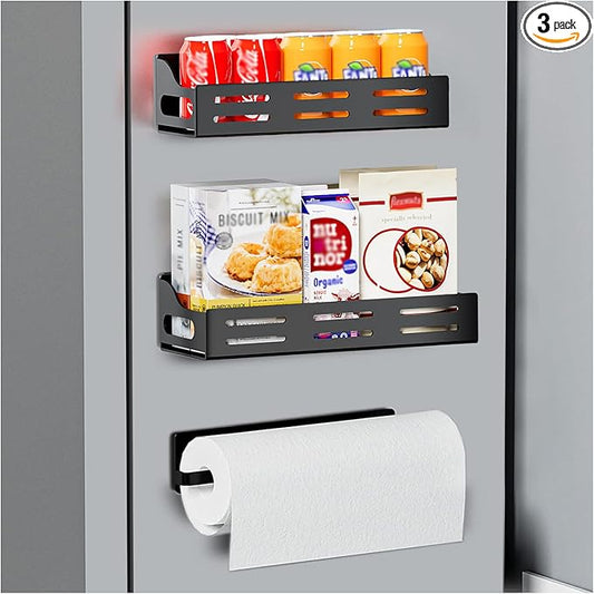 Carwiner 3 Pack Magnetic Spice Rack for Refrigerator with Paper Towel Holder, Magnetic Refrigerator Organizer, Strong Magnetic Fridge Shelf, Rustproof Side Fridge Storage Rack for Kitchen