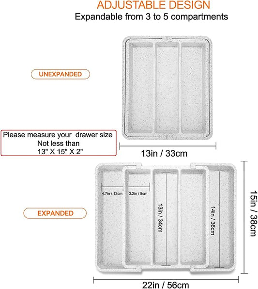 Utensil Drawer Organizer for Kitchen Cutlery, Expandable Large Silverware Organizer, Adjustable Cooking Utensil Tray, Plastic Spatula Tools and Gadgets Storage Divider, Marble Design, White