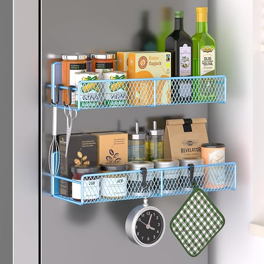 Magnetic Spice Rack for Refrigerator, 2 Pack Metal Magnetic Shelf Blue, Moveable Spice Organizer with Hooks, Super Magnetic Fridge Shelf for Kitchen Organization and Storage