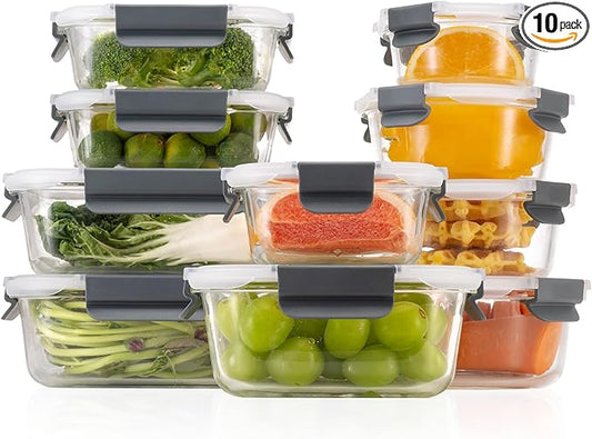 [10-Pack Glass Meal Prep Containers with Lids, Food Storage Containers with Snap Locking Lids, Airtight Lunch Containers, Microwave, Oven, Freezer and Dishwasher