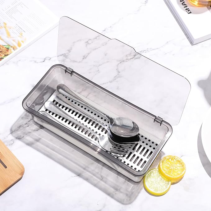 Cabilock Silverware Organizer with Lid Drawer organizer Kitchen Flatware Tray holder Utensil Organizer Drawer Countertop Storage Container (Grey)