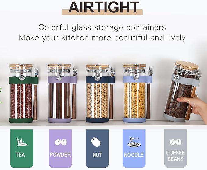 KKC HOME ACCENTS Airtight Clear Glass Coffee Bean Storage Container with Scoop,Air Tight Sealed Glass Canister with Bamboo Clamp Lid for Cereal,Loose Tea,Nut,Sugar,50 Fluid Ounce