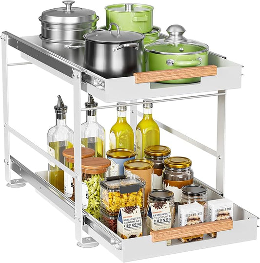 Under Sink Organizer, Pull Out Cabinet Organizer 2 Tier Slide Out Sink Shelf Cabinet Storage Metal Shelves, Sliding Under Sink Storage for Kitchen Bathroom Laundry Cabinet, Grey, 1 Pack (White)