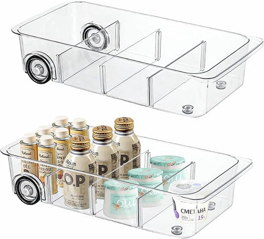 MANO 2 Pack Divided Rolling Refrigerator Tray Clear Roll Out Fridge Caddy Organizer with Wheels for Veggie Pantry Snackle Box Under Sink Bathroom Organizer and Storage Bins