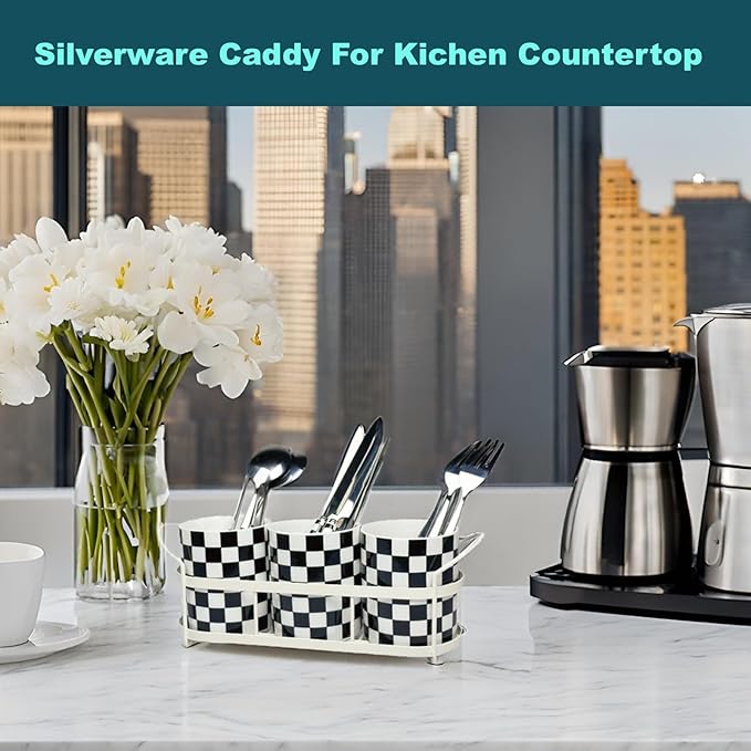 Silverware Caddy Countertop, Utensil Caddy For Party, Cutlery Flatware Organizer Storage, Spoon Fork Holder Basket for Parties Kitchen Coffee Bar Picnic Buffe-Ceramics Black and White Checkered
