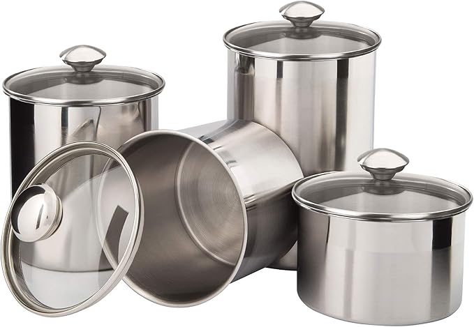nu steel Canister Set Collection 4 Piece S/Steel Food Storage Container with Tempered Glass Lids for Kitchen Counter, Coffee, Tea, Etc, Small, Shiny Mirror