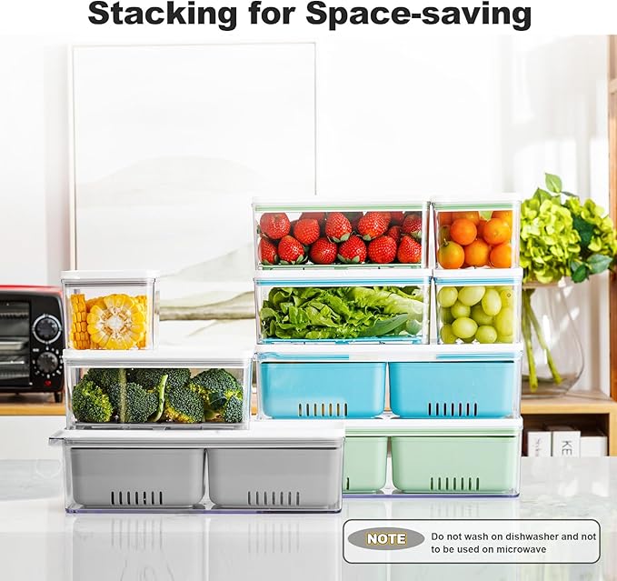Lille Home The Stackable Produce Saver Set keeps fruits and vegetables fresh longer. With removable drain trays, these BPA-free bins are ideal for refrigerators, cabinets, and pantries