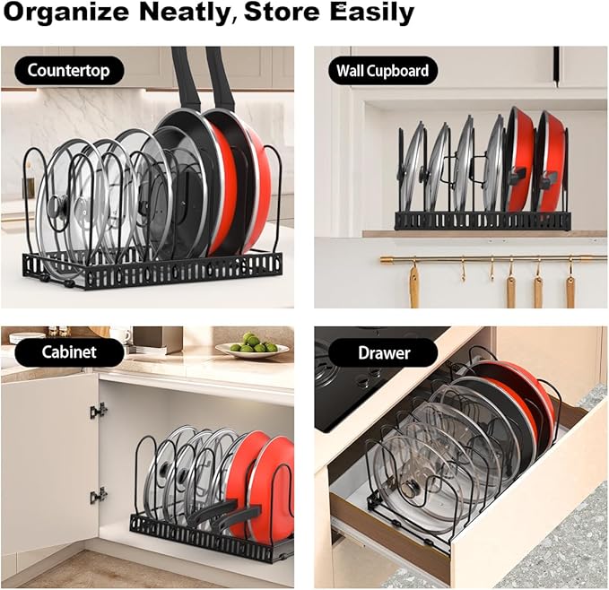 Pot and Pan Organizer Rack for Cabinet, Pot Lid Organizer with 7 Adjustable Dividers, Pan Holder Storage Rack for Kitchen Cabinet, Black