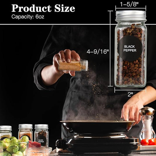DkOvn 12pcs Glass Spice Jars with Labels, 6oz Empty Spice Jars with Mental Caps, Shaker Lids, Collapsible Funnel, Chalk Pen, Seasoning Organizer for Spice Rack(12pcs 6oz Set)