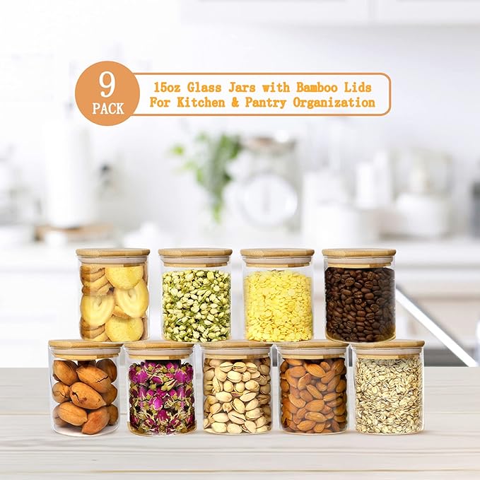15oz Glass Jars with Airtight Bamboo Lids, Small Food Storage Containers, for Kitchen Pantry Organization Tea Coffee Candy Cookies Nuts（9 Pack）