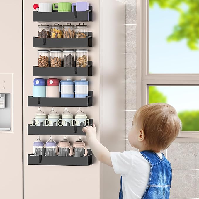 6 Pack Magnetic Spice Rack Organizer for Refrigerator and Oven, Matt Black Fridge Organizers and Storage for Kitchen