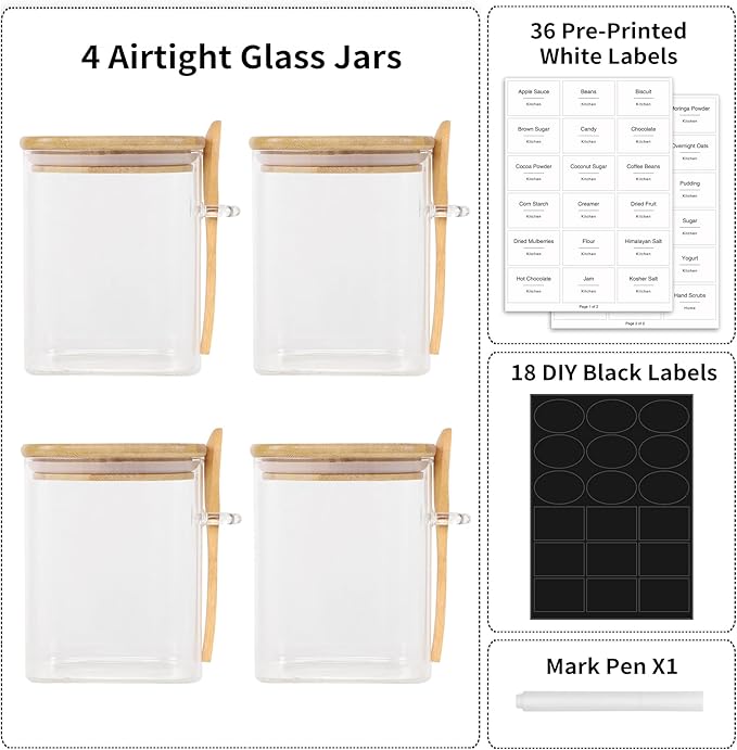 TIPGO 27oz Glass Food Storage Jars Set of 4,Clear Glass Storage Containers with Bamboo Lids,Pantry Organization Jar, Spice, Coffee and Sugar Container, Small Canister Set for Kitchen