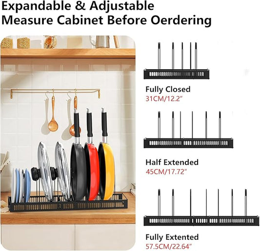 Pot Rack Expandable Pan Organizer for Cabinet, Lid Holder with 10 Adjustable Compartment for Kitchen Cabinet Cookware Baking Frying Rack