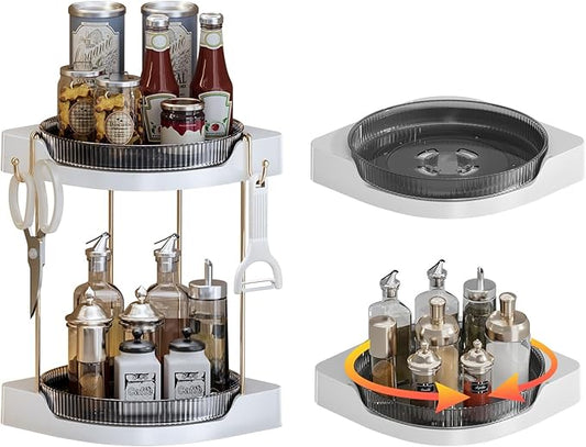 2 Pack Lazy Susan Turntable - Corner Spice Organizer for Cabinet - 9 Inch Rotating Condiment Rack Storage for Refrigerator, Pantry, Kitchen, Vanity, Bathroom Countertop (2 Tier-Gray)